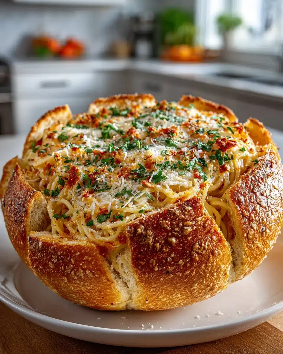 Spaghetti Garlic Bread Bowls served with fresh garlic and herbs
