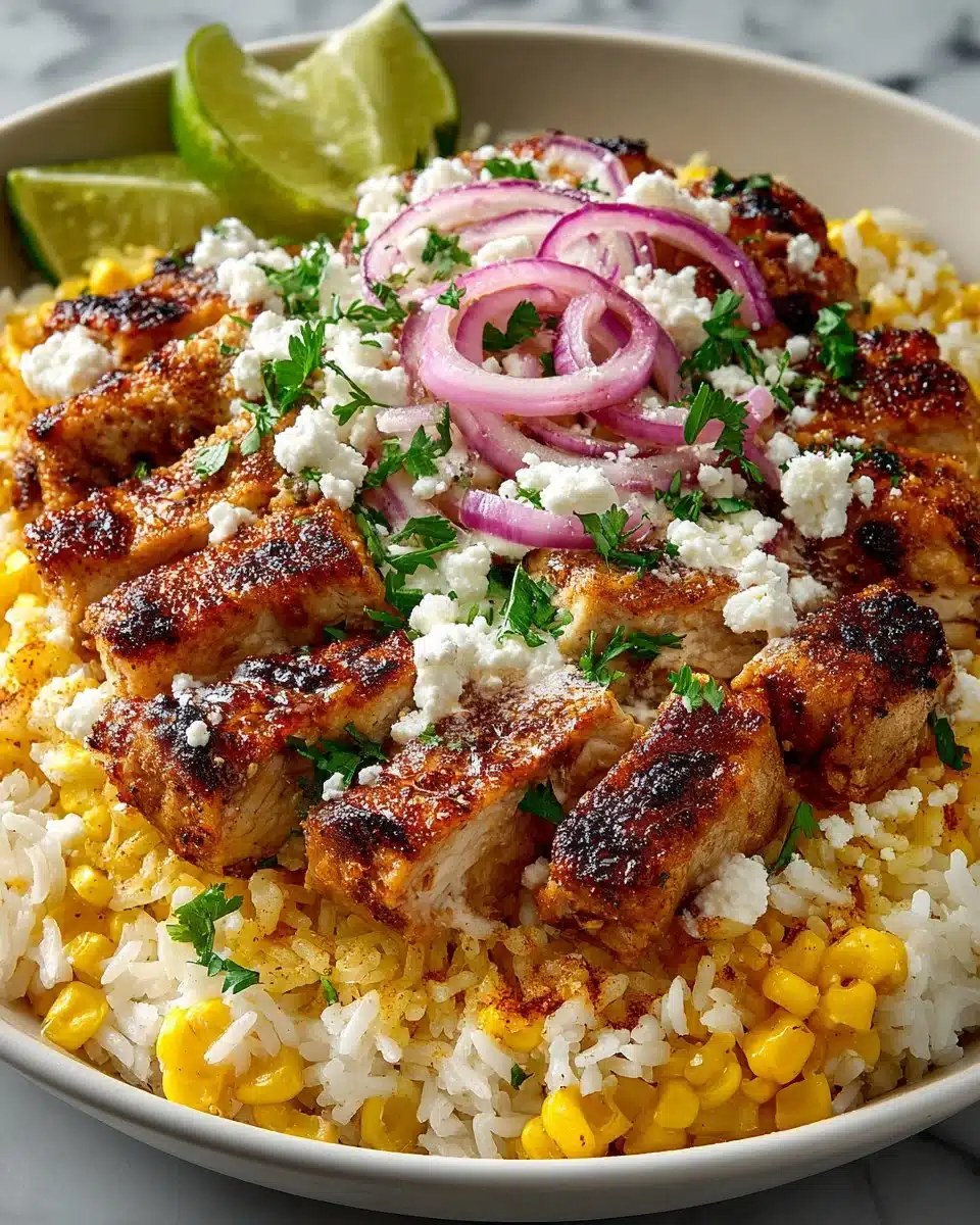 Delicious Street Corn Chicken Rice Bowl with fresh toppings and vibrant colors.