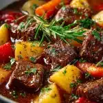 Bowl of tender beef stew with vegetables and herbs