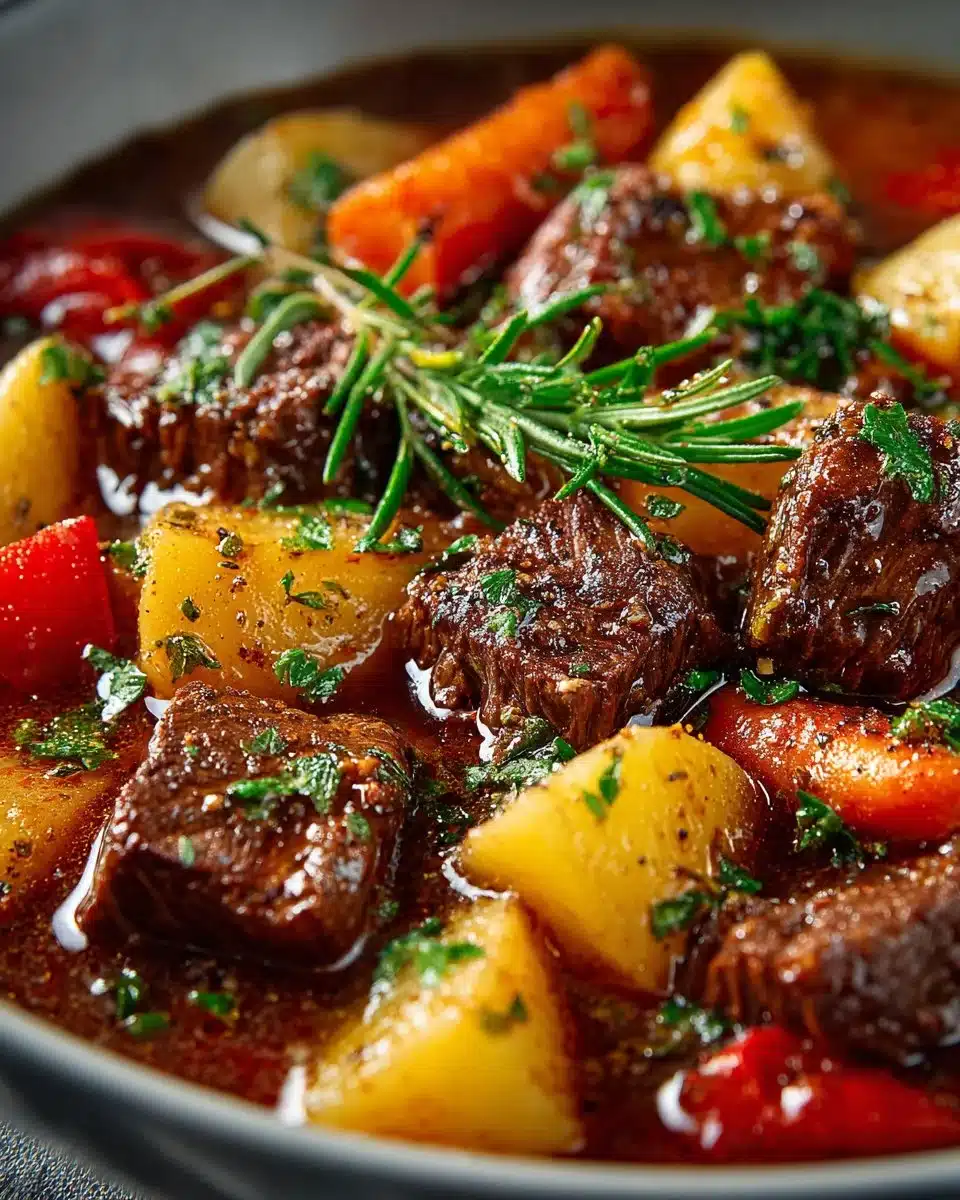 Bowl of tender beef stew with vegetables and herbs