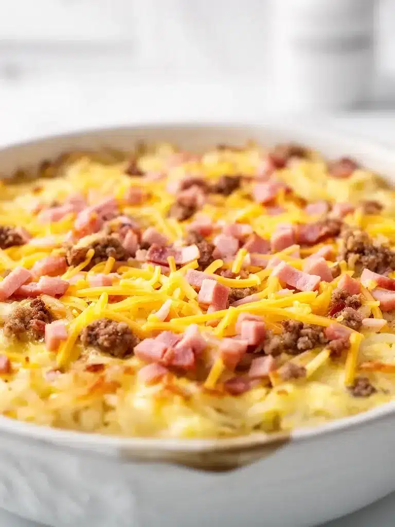 Delicious breakfast casserole with eggs, cheese, and vegetables baked to perfection