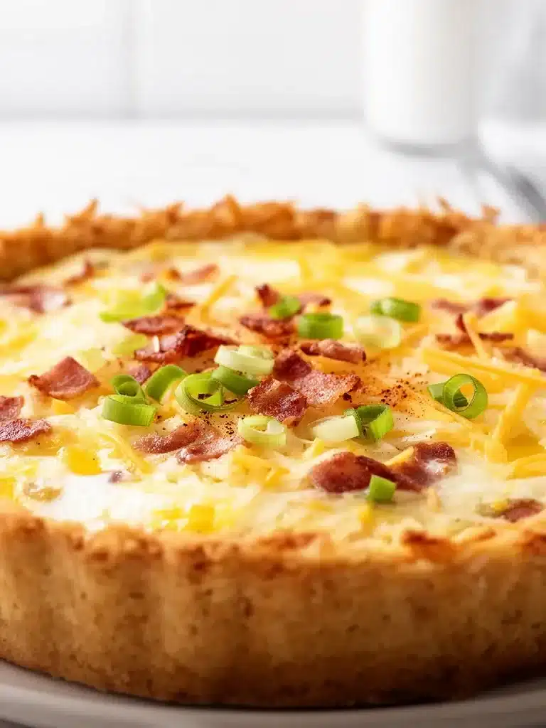 Delicious hash brown crust quiche topped with vegetables and cheese