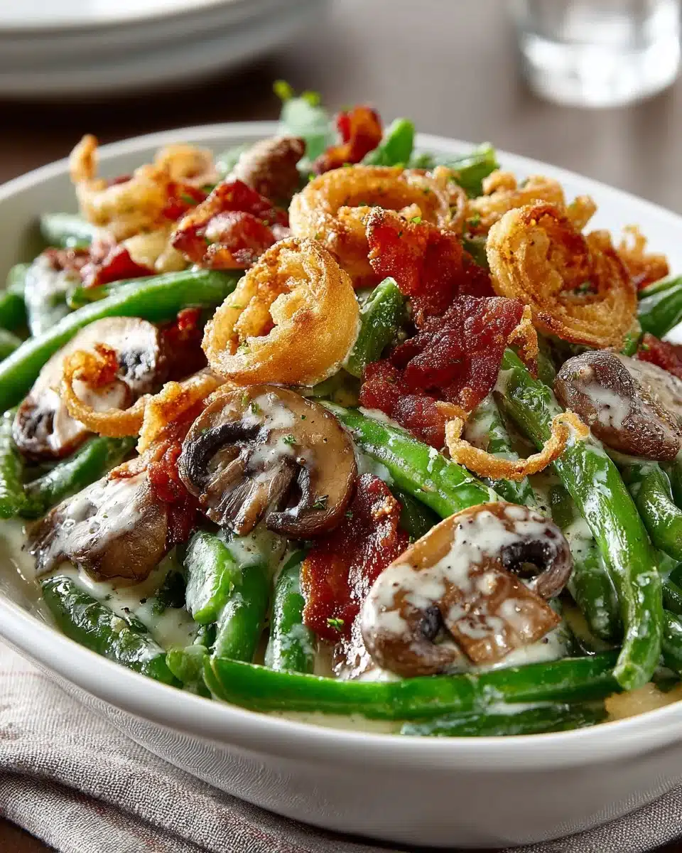 Ultimate green bean casserole with bacon in a baking dish