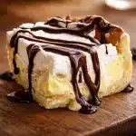 Delicious no-bake eclair cake with creamy filling and chocolate ganache topping.