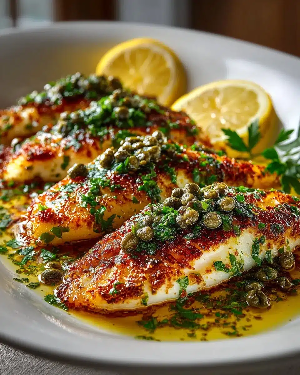Baked flounder fillet topped with lemon caper butter sauce
