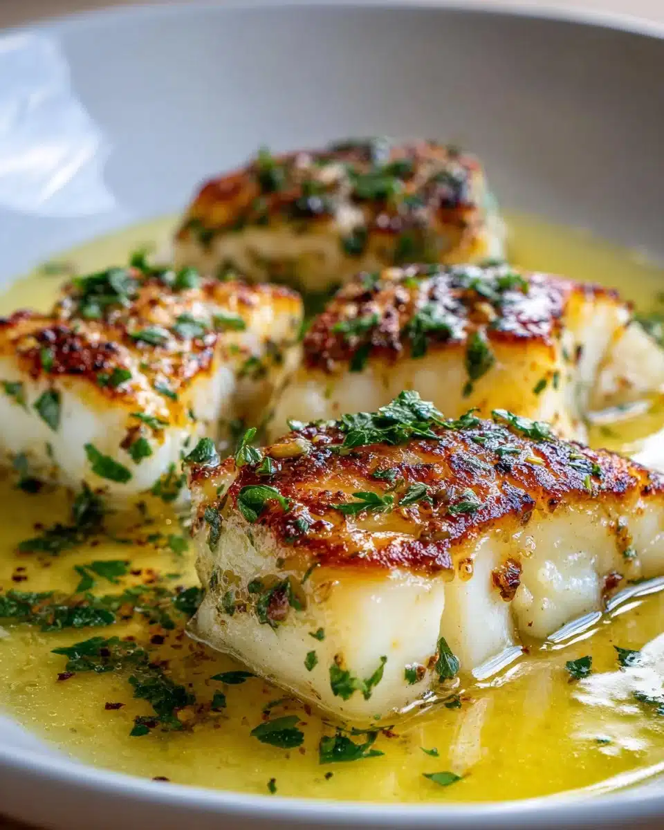 Baked Garlic Butter Cod garnished with herbs and lemon