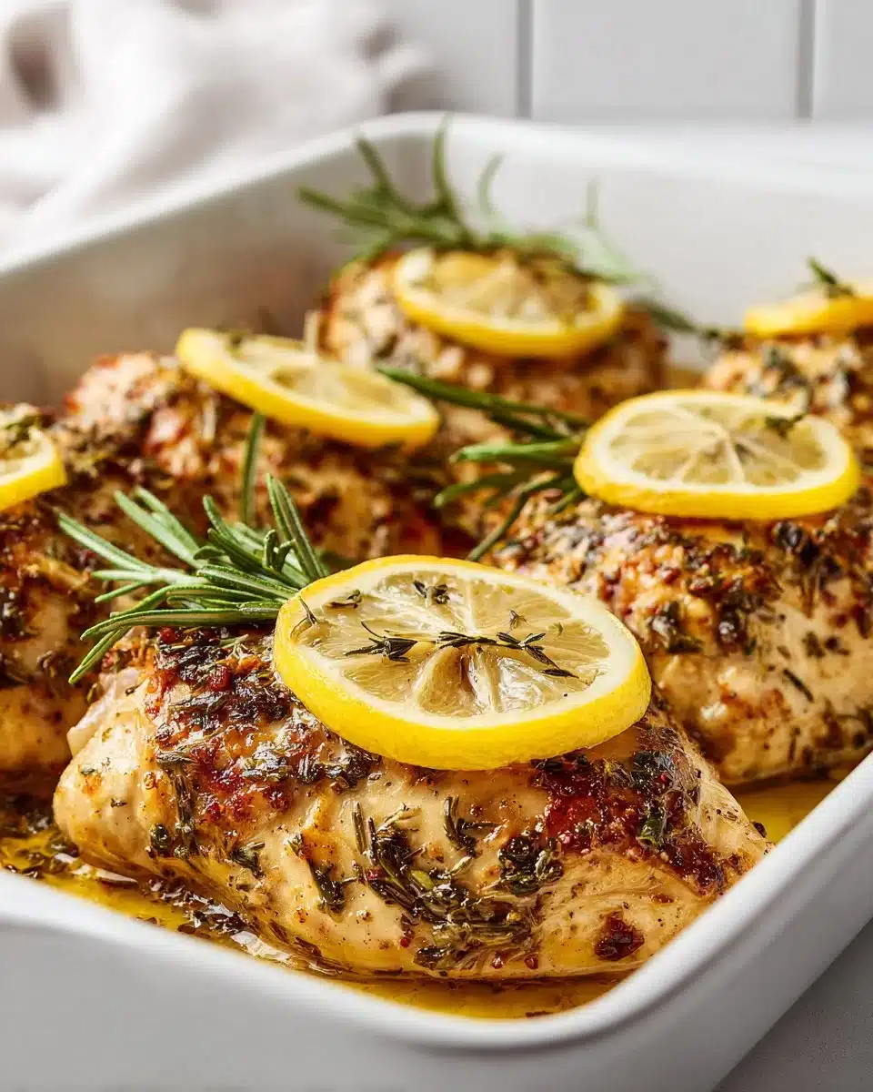 Baked lemon herb chicken garnished with fresh herbs and lemon slices