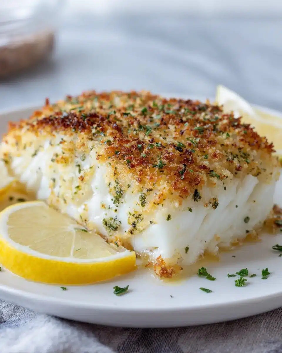 Delicious baked Parmesan crusted halibut fillet served on a plate