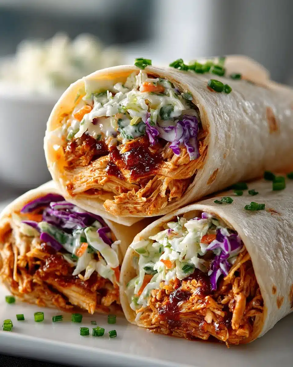 BBQ chicken coleslaw wraps served on a plate with fresh ingredients