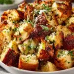 Delicious buttery herb stuffing prepared in a baking dish