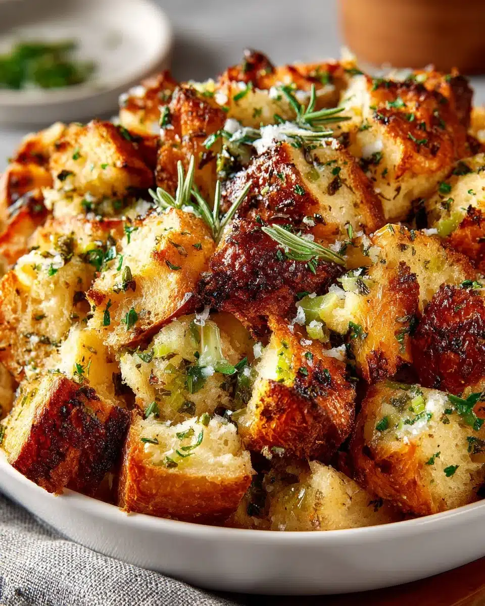 Delicious buttery herb stuffing prepared in a baking dish
