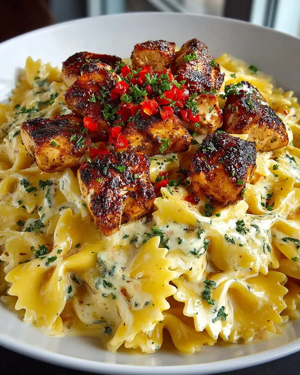 Cheesy garlic butter chicken bowties topped with mozzarella cream sauce