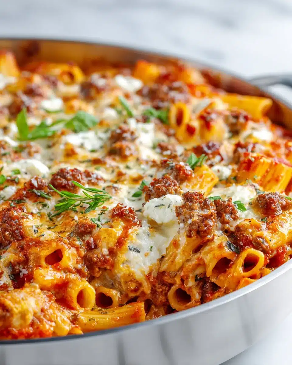 Classic baked ziti casserole with layers of pasta, cheese, and tomato sauce