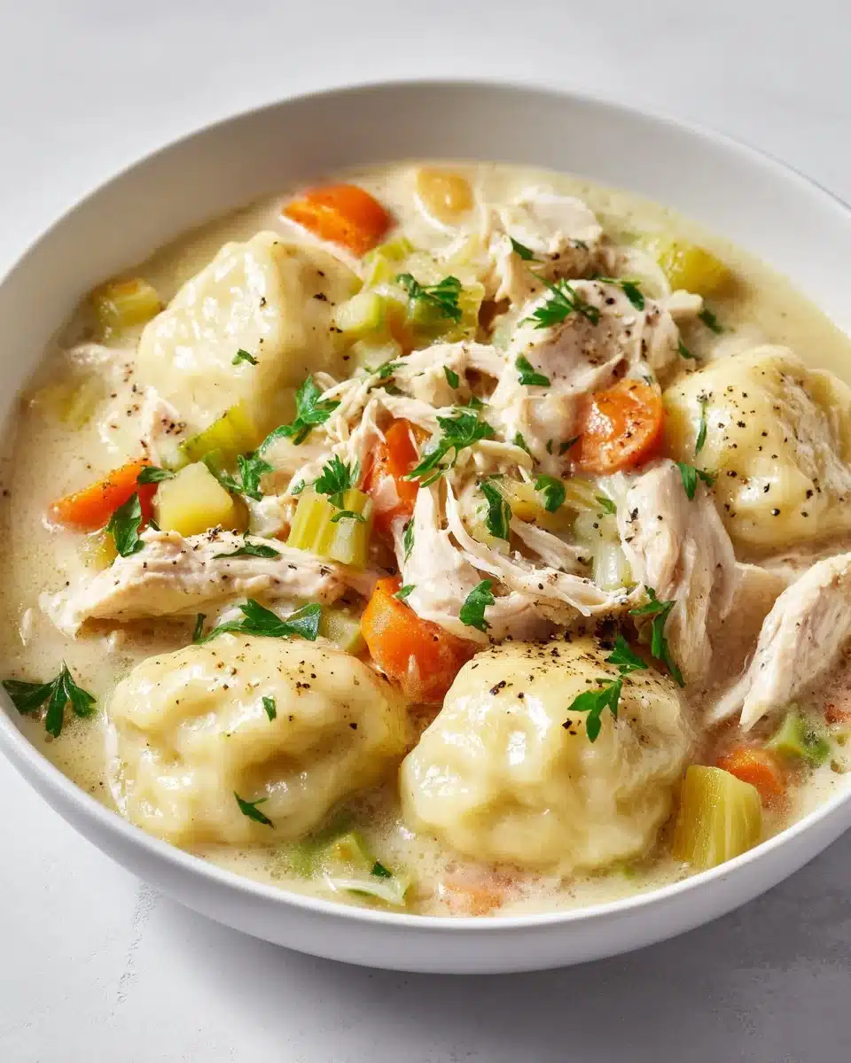 Bowl of classic chicken and dumplings served with fresh herbs