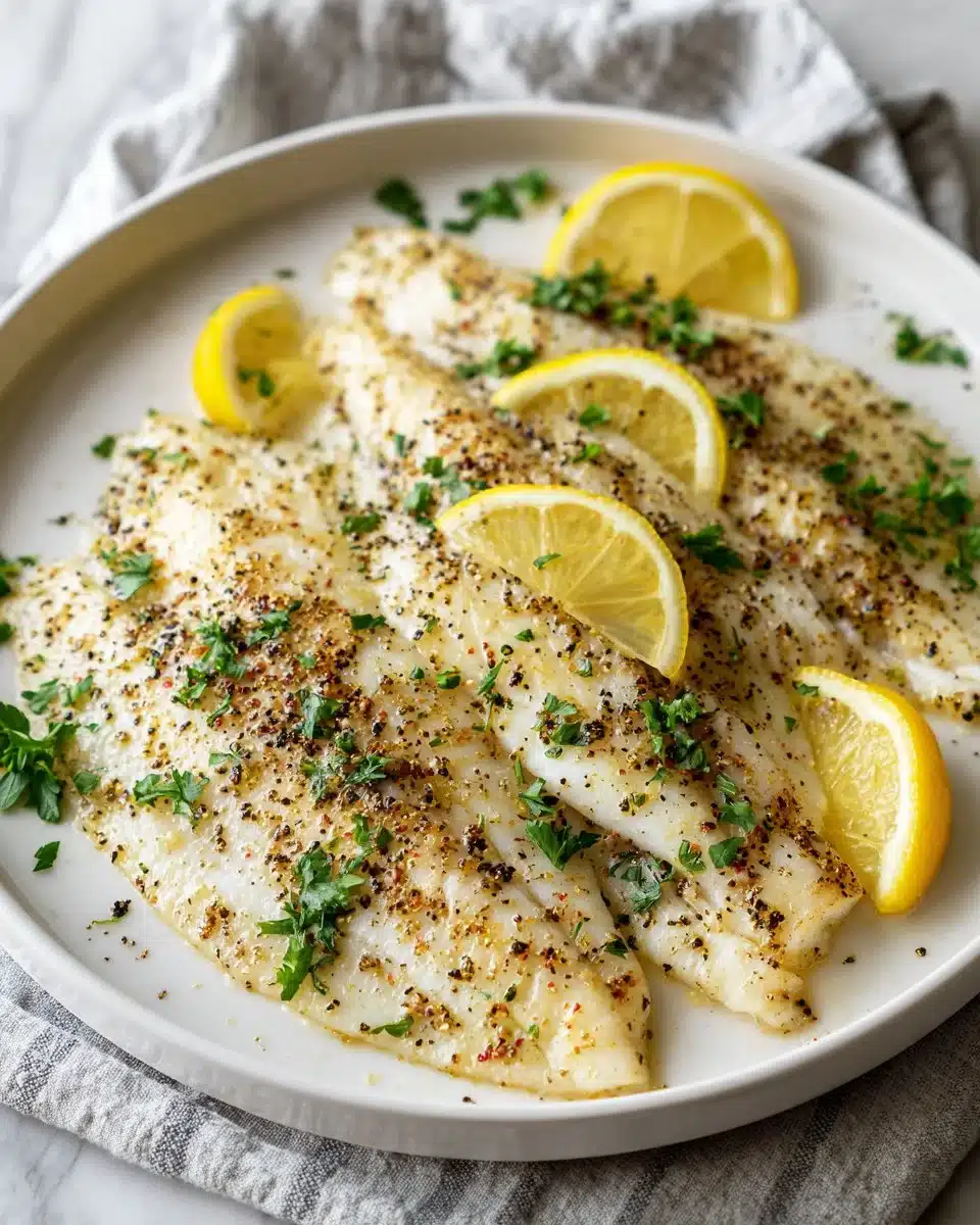 Delicious Classic Lemon Pepper Tilapia garnished with lemon slices and herbs