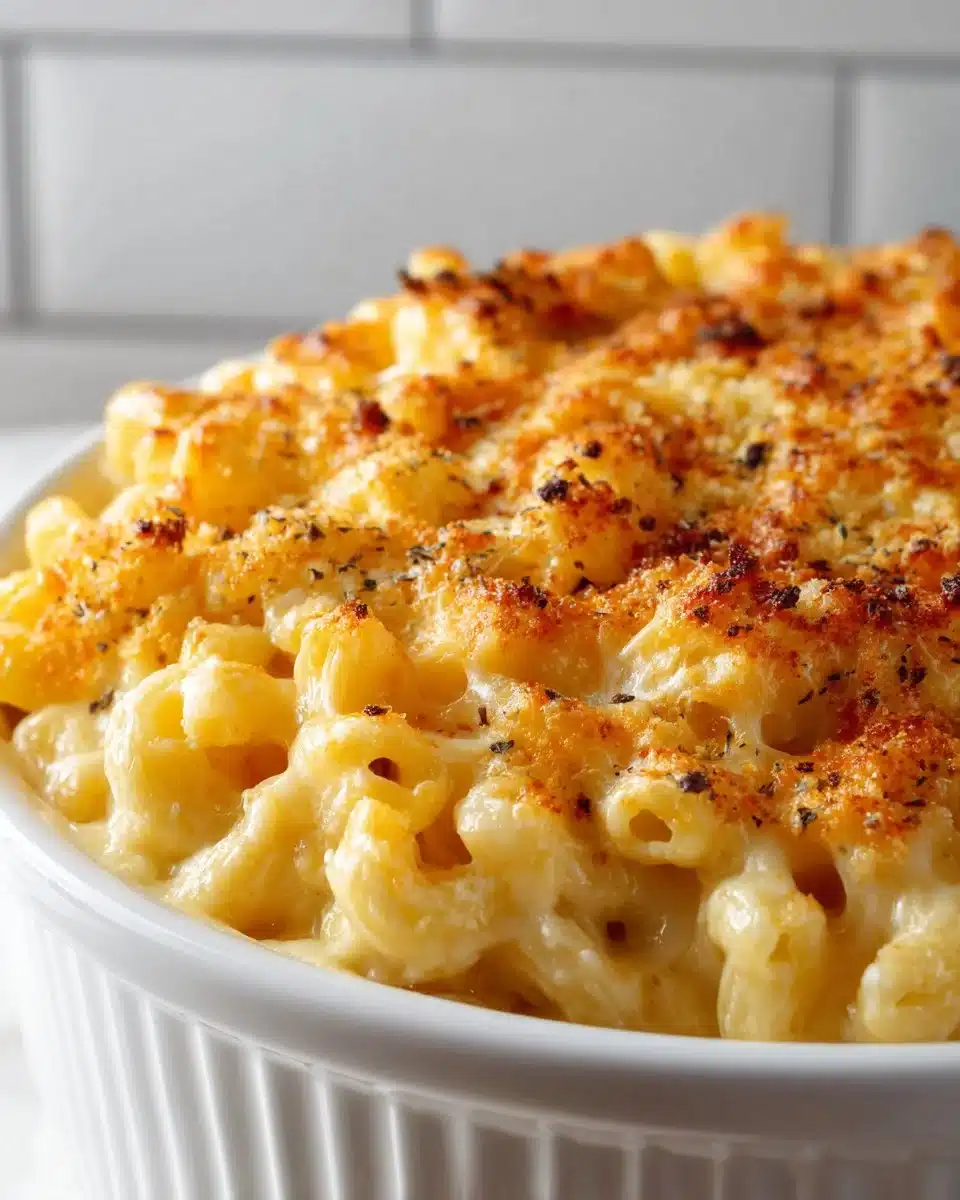 Classic macaroni and cheese bake topped with golden breadcrumbs