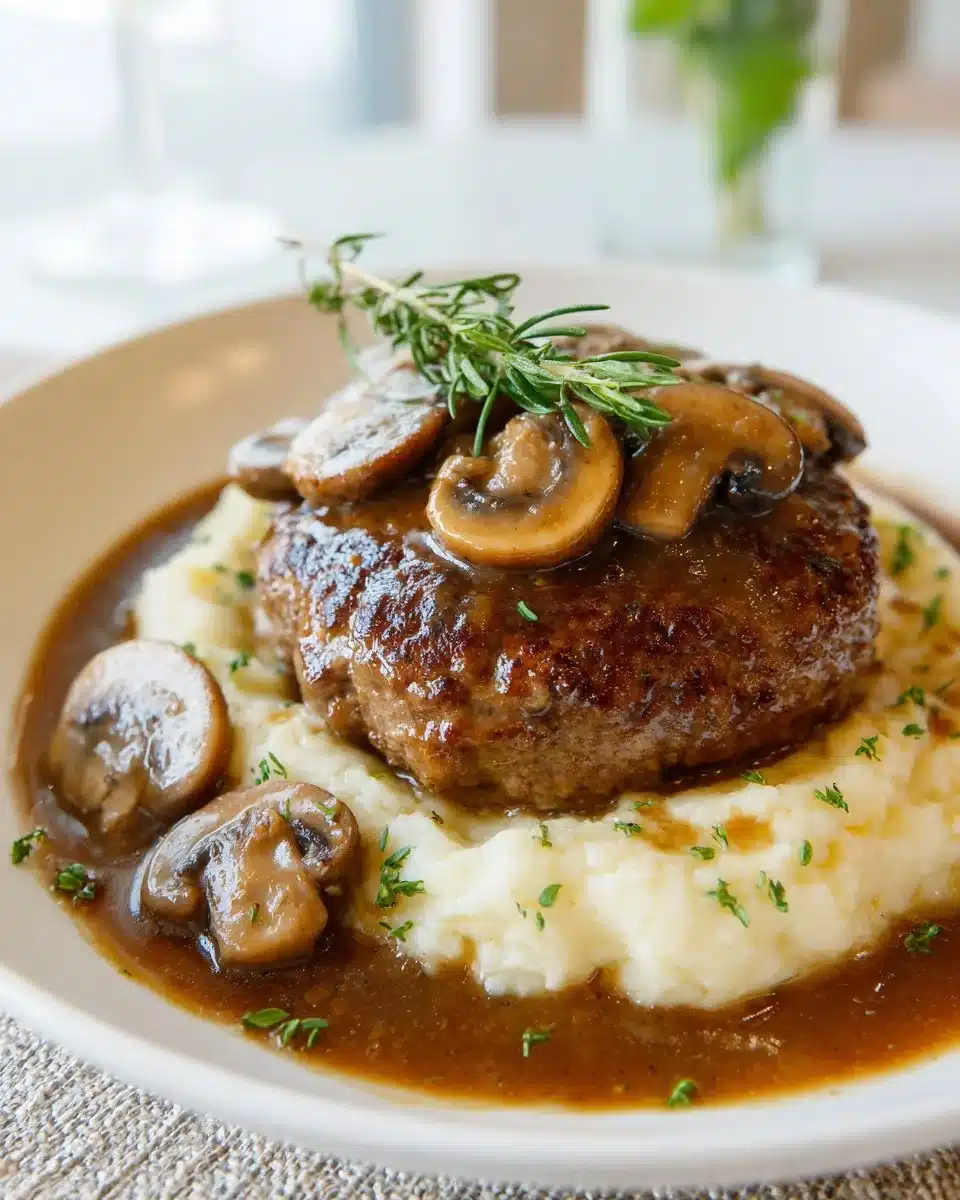 Classic Salisbury Steak with savory gravy served on a plate