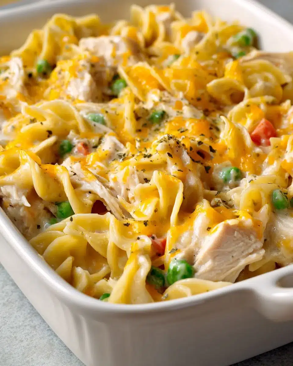 Delicious creamy chicken noodle casserole topped with breadcrumbs and herbs.