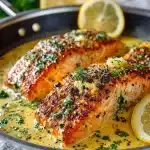 Creamy garlic butter salmon skillet served on a plate with herbs