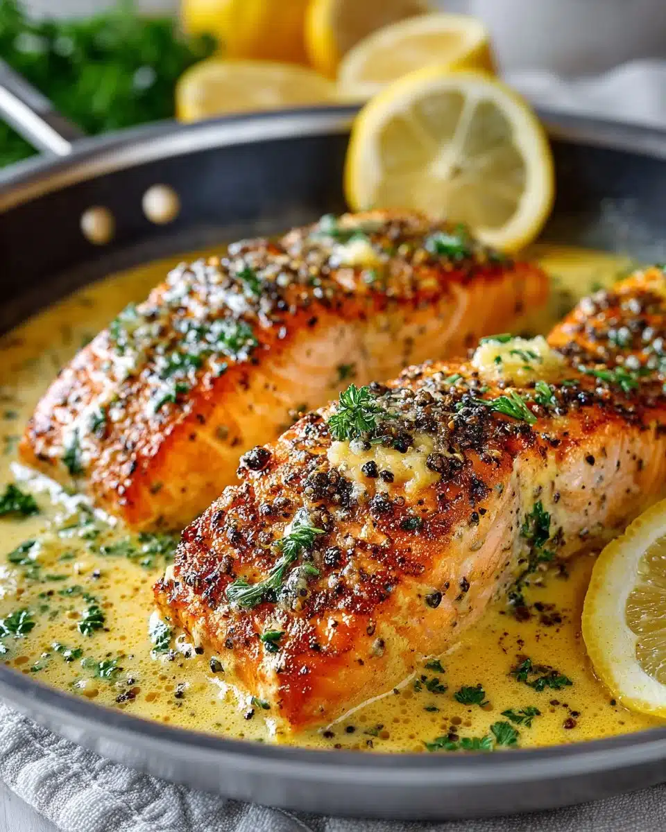 Creamy garlic butter salmon skillet served on a plate with herbs