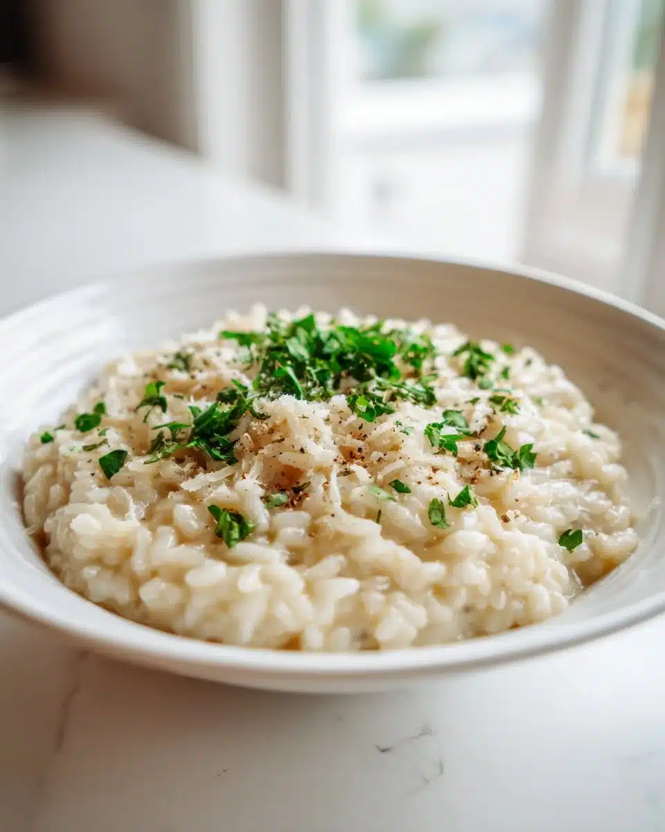 Creamy Garlic Parmesan Risotto served in a white bowl, garnished with parsley.