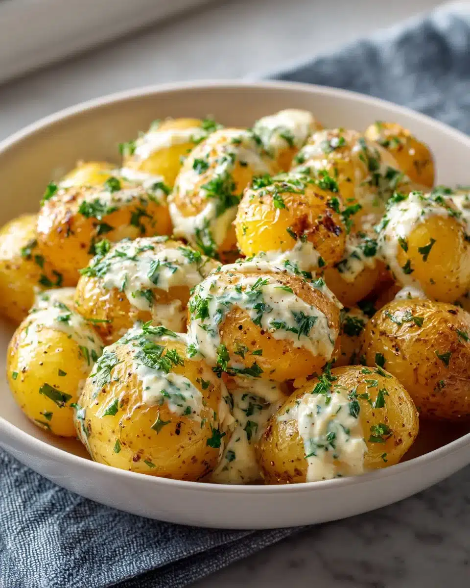 Creamy garlic sauce baby potatoes served in a bowl