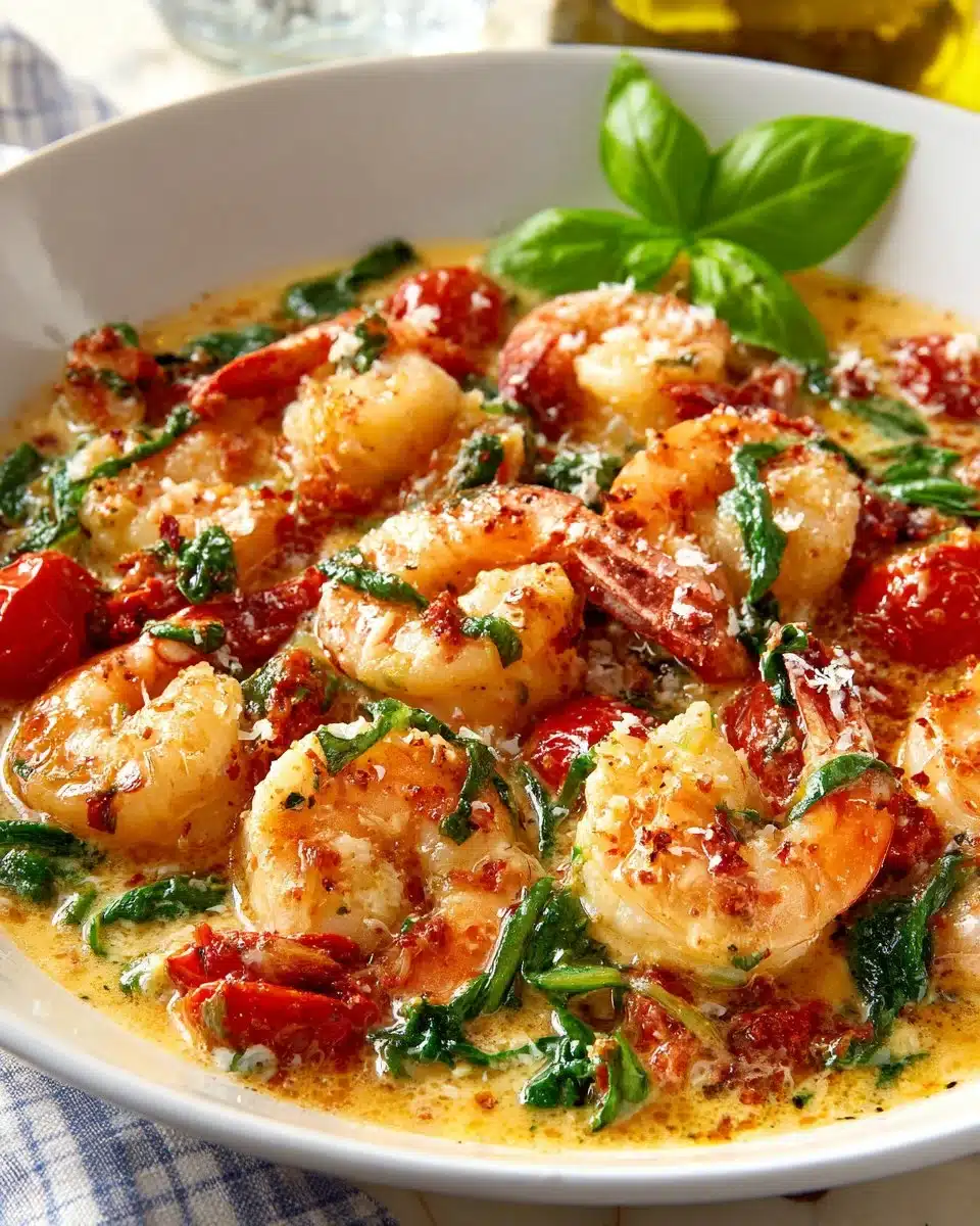 Creamy Garlic Tuscan Shrimp served in a bowl with fresh herbs