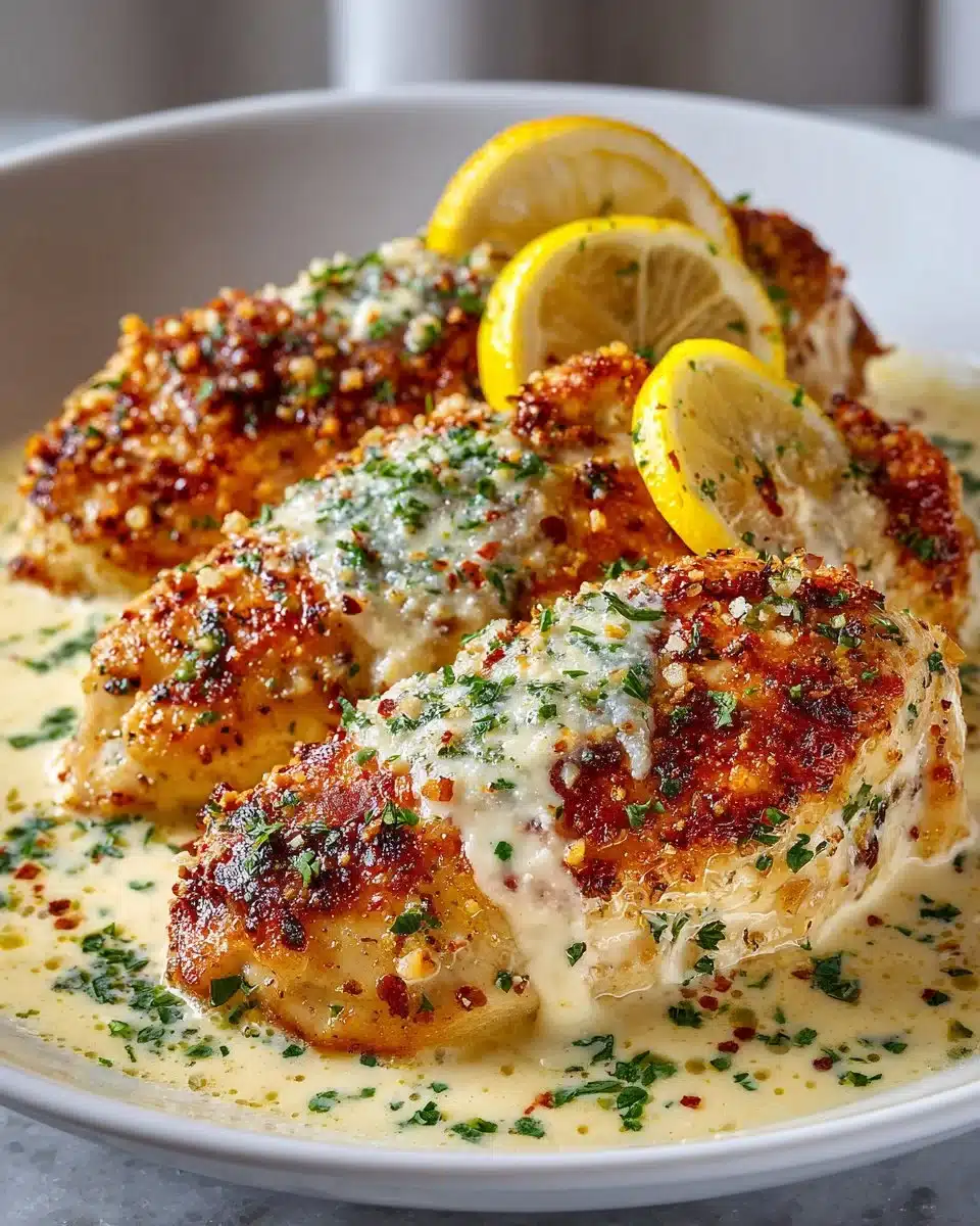 Creamy lemon parmesan chicken served on a plate with fresh herbs