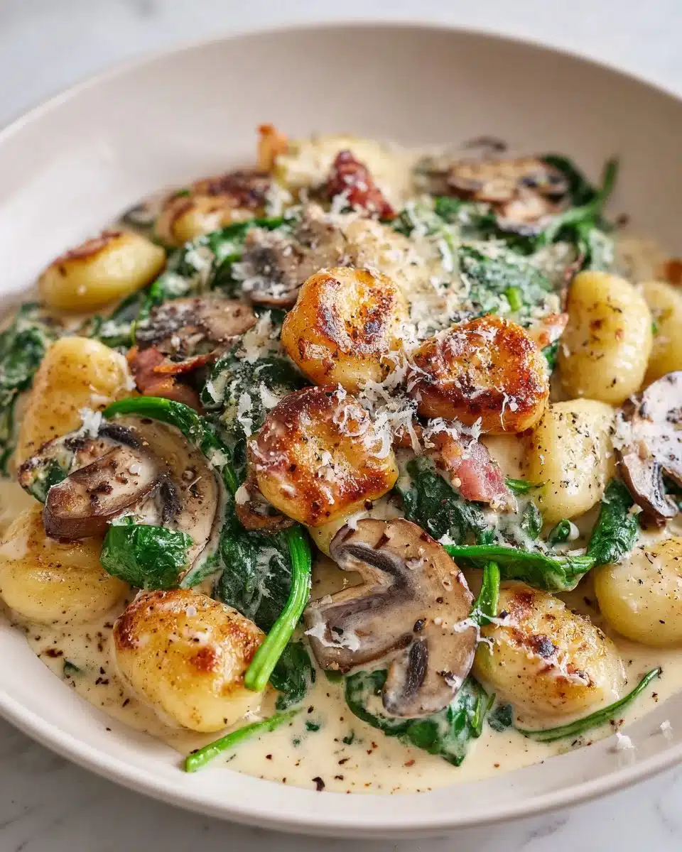 Creamy mushroom spinach gnocchi served in a bowl with a sprinkle of cheese