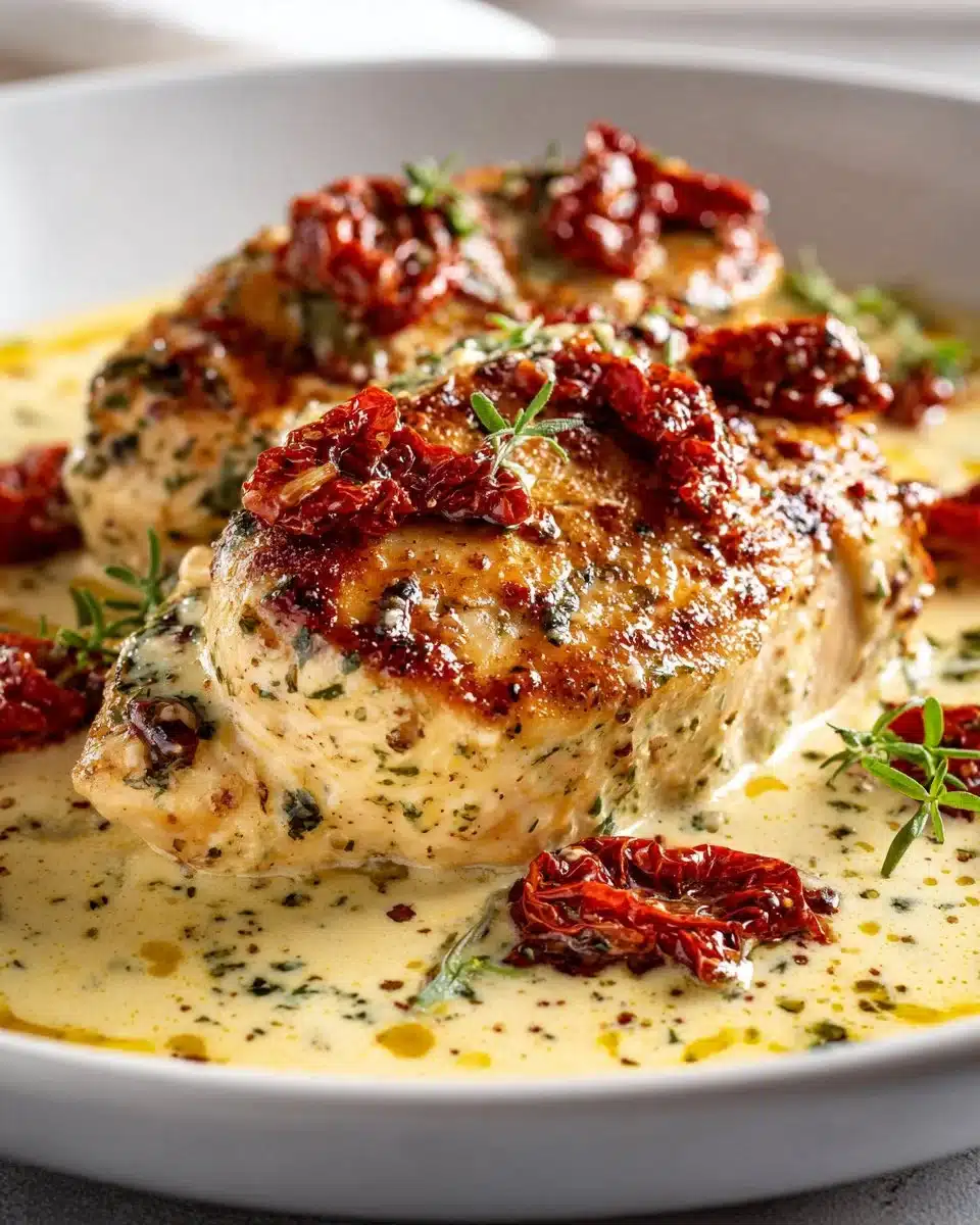 Creamy pesto chicken with sun-dried tomatoes served on a plate.