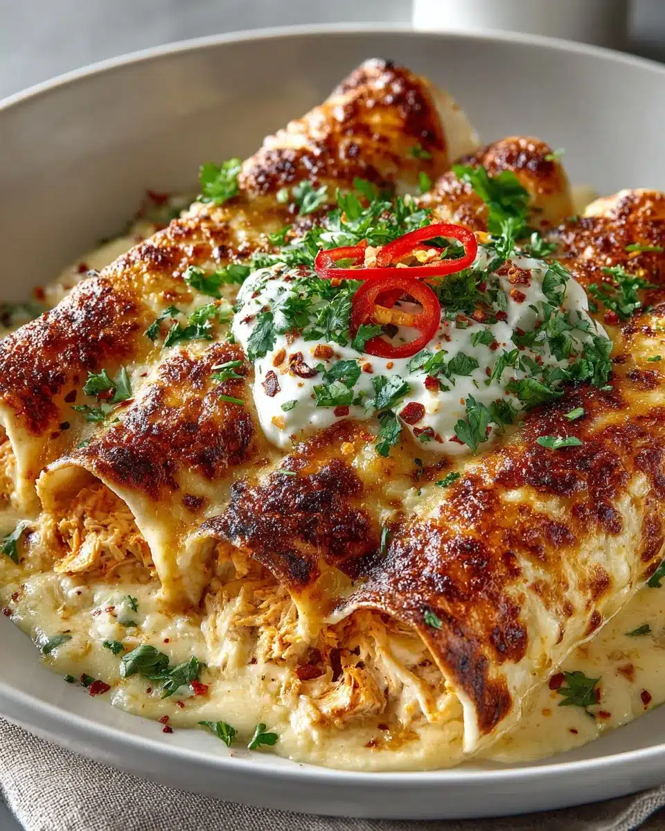 Creamy queso chicken enchiladas topped with cheese and sauce in a baking dish