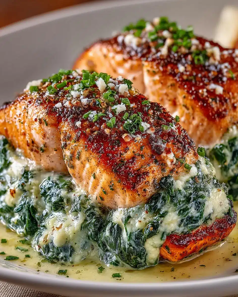 Creamy spinach stuffed salmon on a plate with garnish.