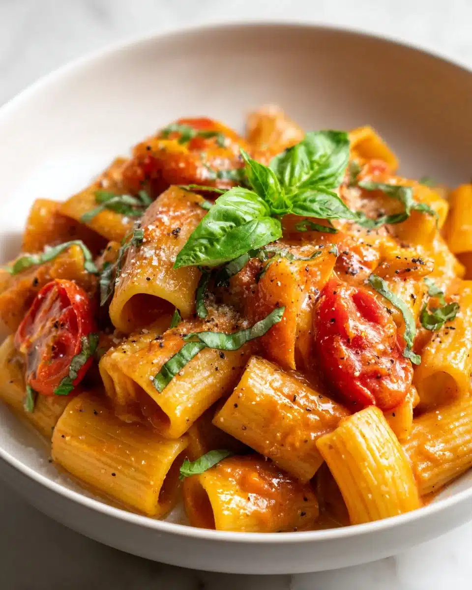 Creamy Tomato Basil Rigatoni topped with fresh basil and Parmesan cheese