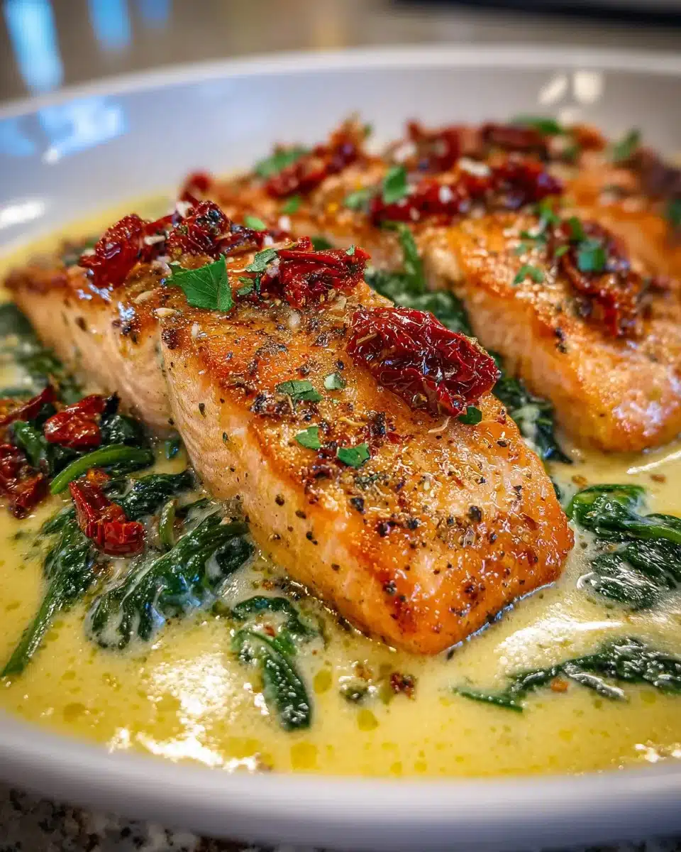 Delicious creamy Tuscan Butter Salmon served with herbs and sauce