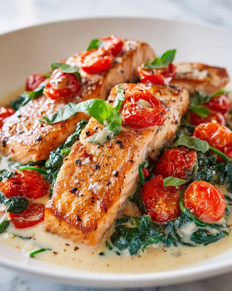 Creamy Tuscan butter salmon served with herbs and lemon on a plate.