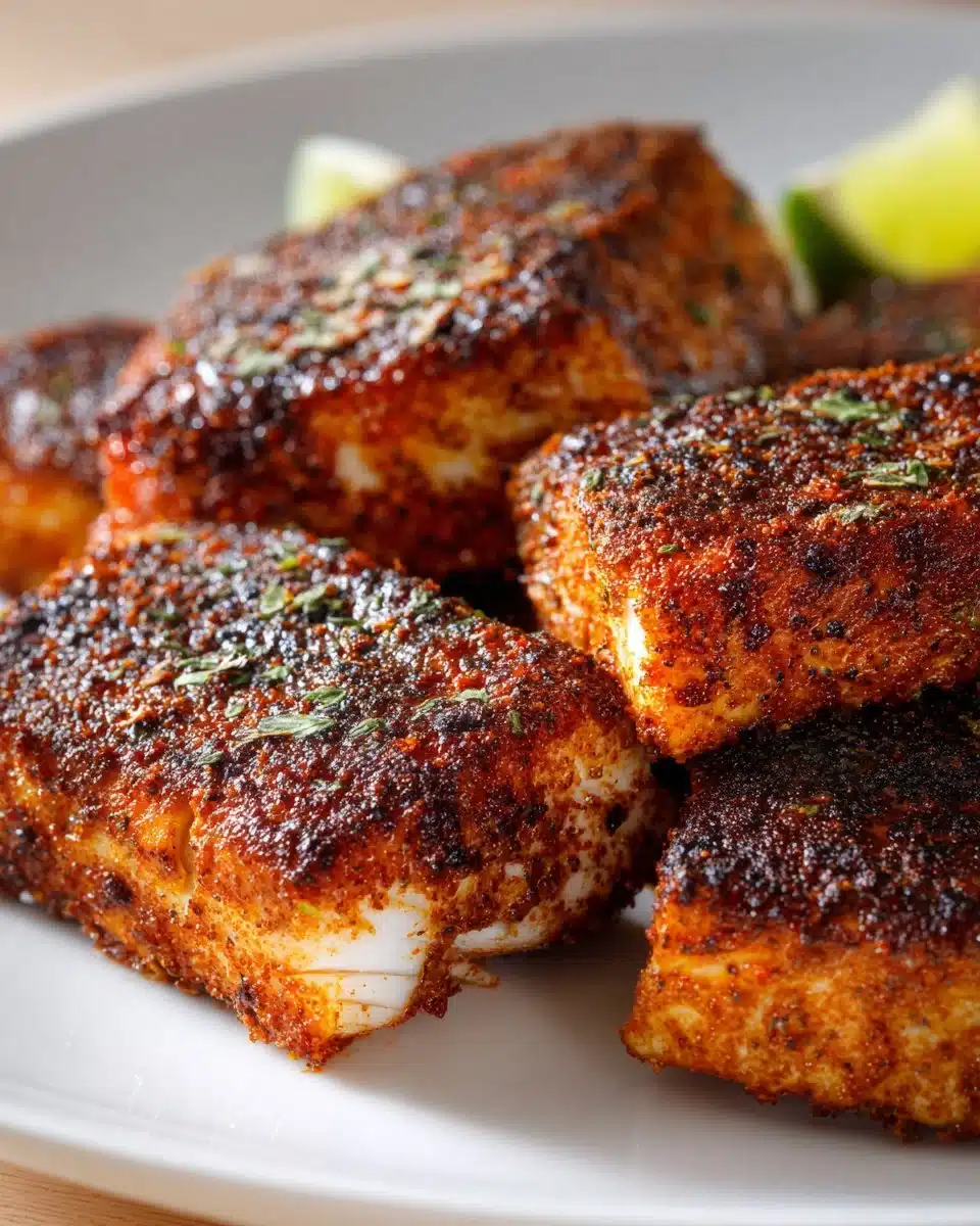 Crispy blackened mahi mahi garnished with fresh herbs on a plate