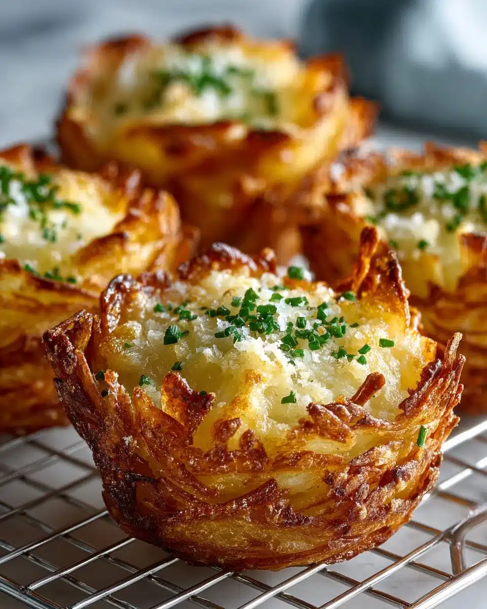 Crispy potato nests filled with melted cheese and herbs, garnished for serving.