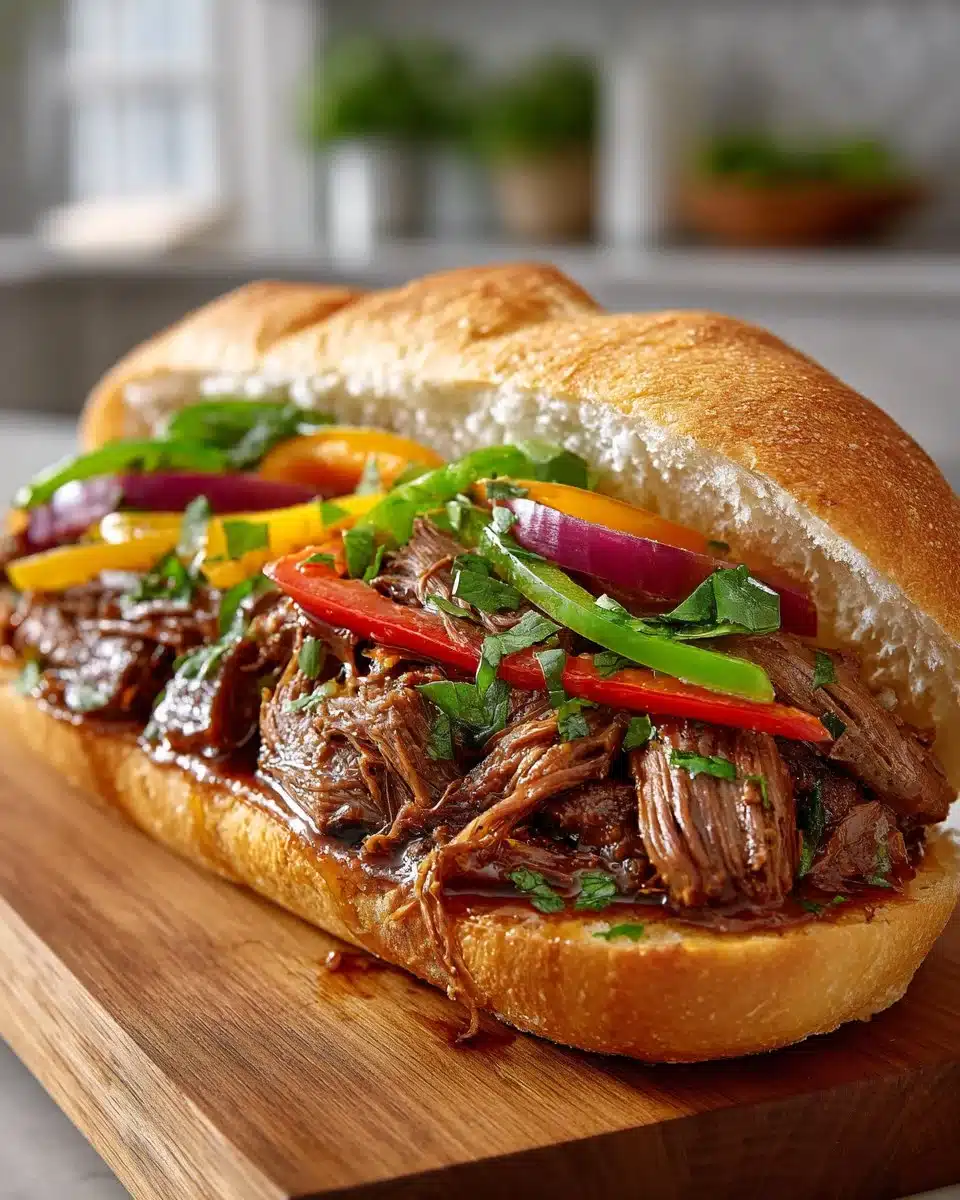 Delicious Crock Pot Italian Beef served in a sandwich with pepper and seasoning