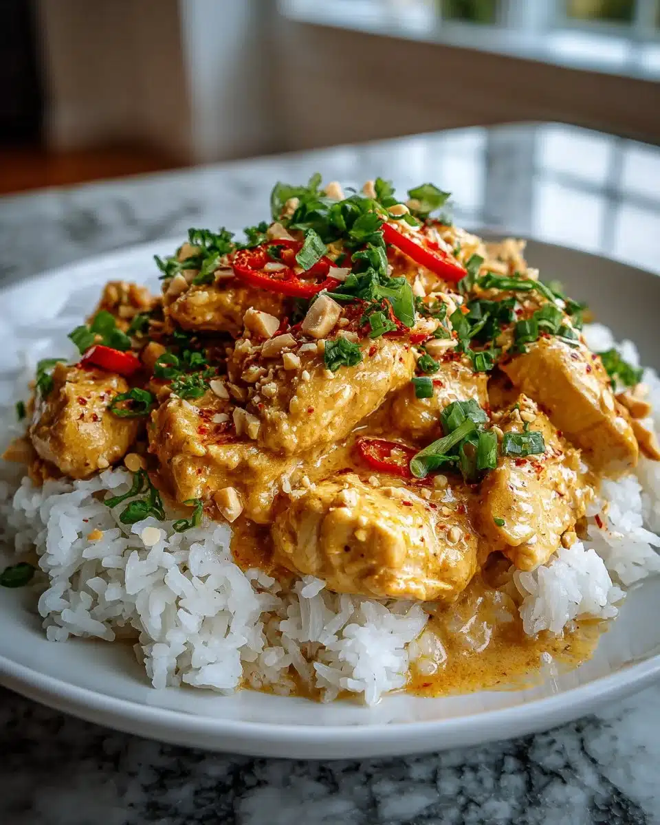 Crockpot Thai Peanut Chicken served with rice and vegetables