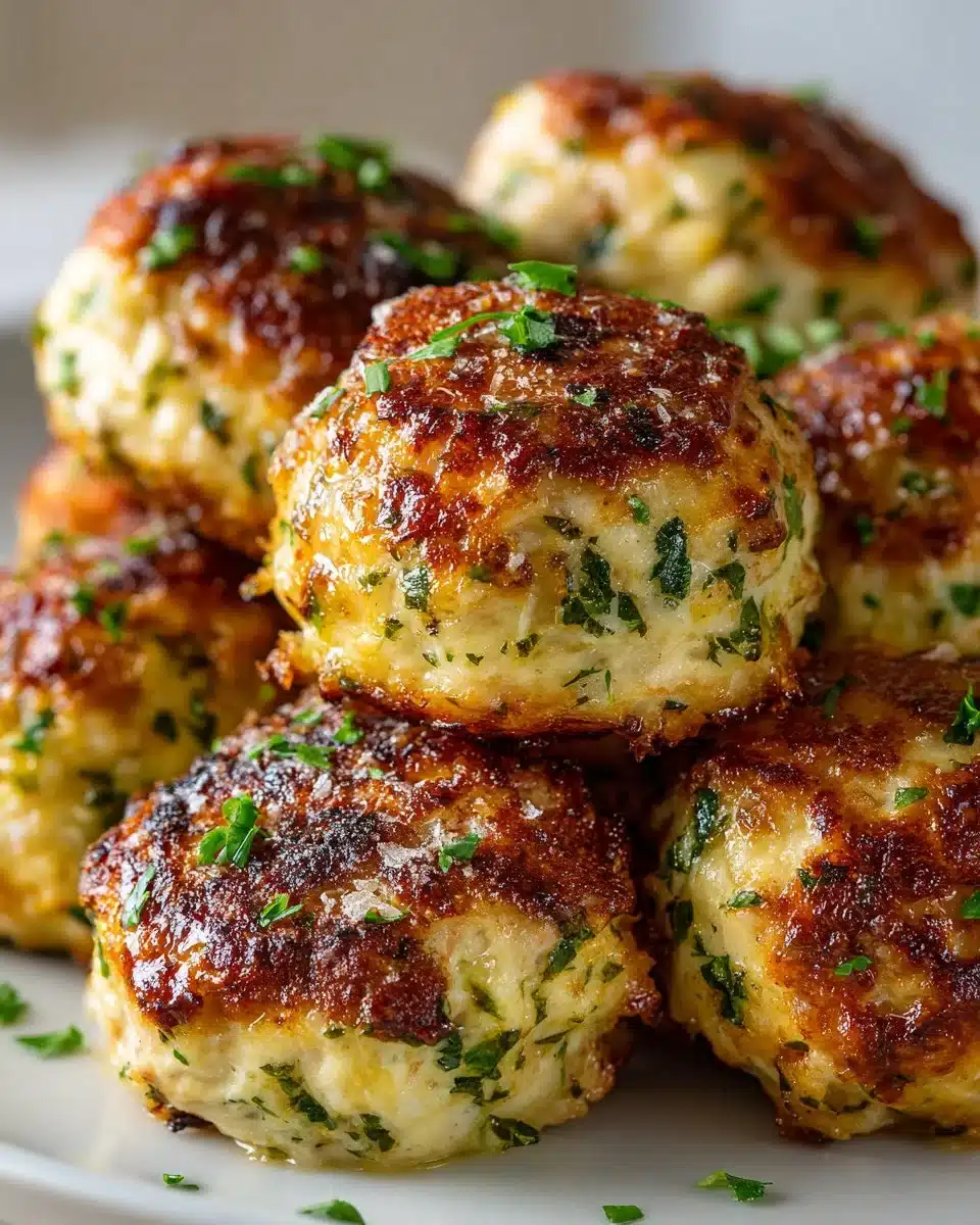 Easy baked chicken meatballs served with sauce and herbs