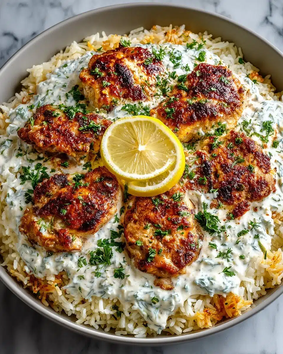 Easy dump-and-bake chicken tzatziki served with rice