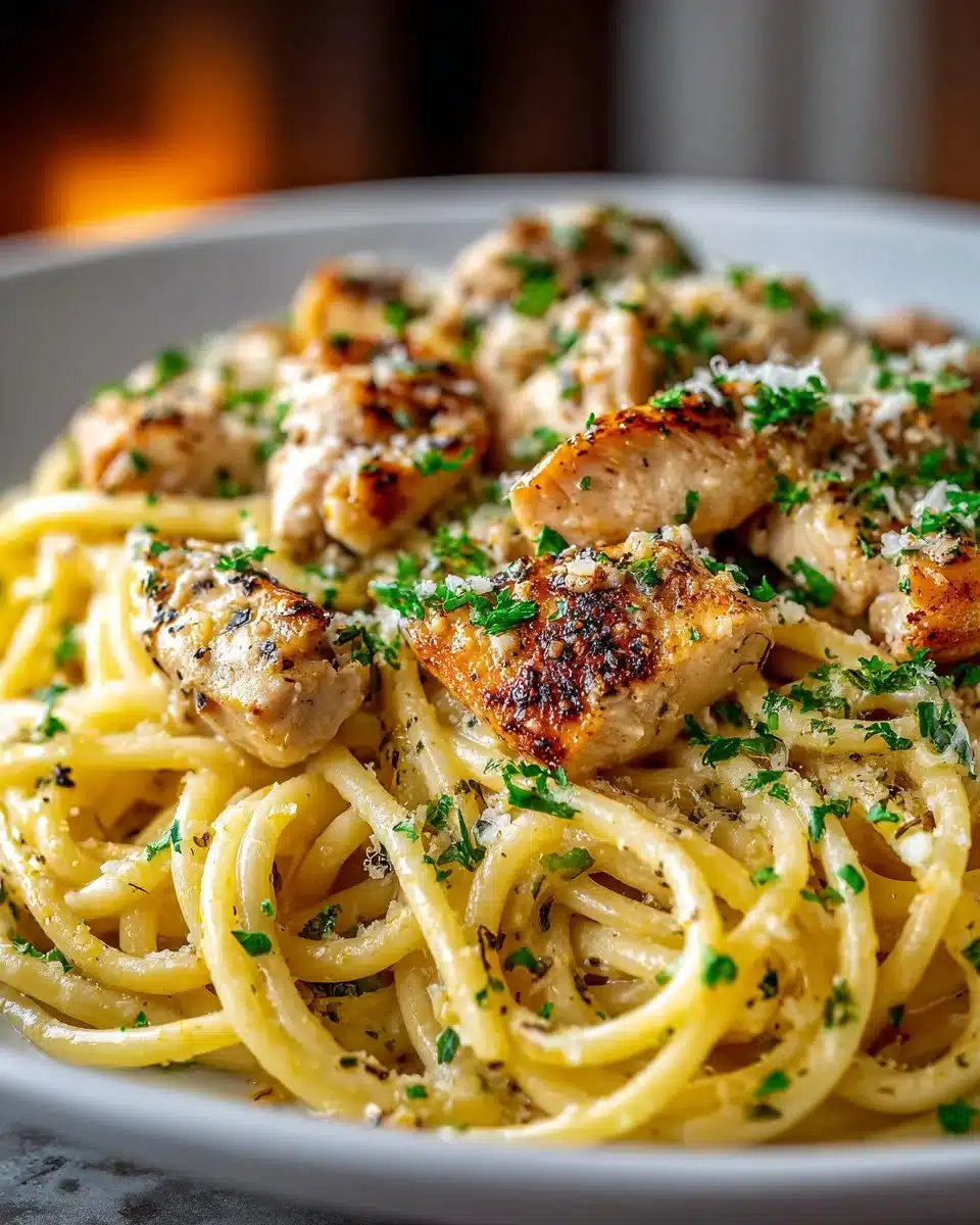 Delicious bowl of Easy Garlic Parmesan Chicken Pasta topped with parsley.