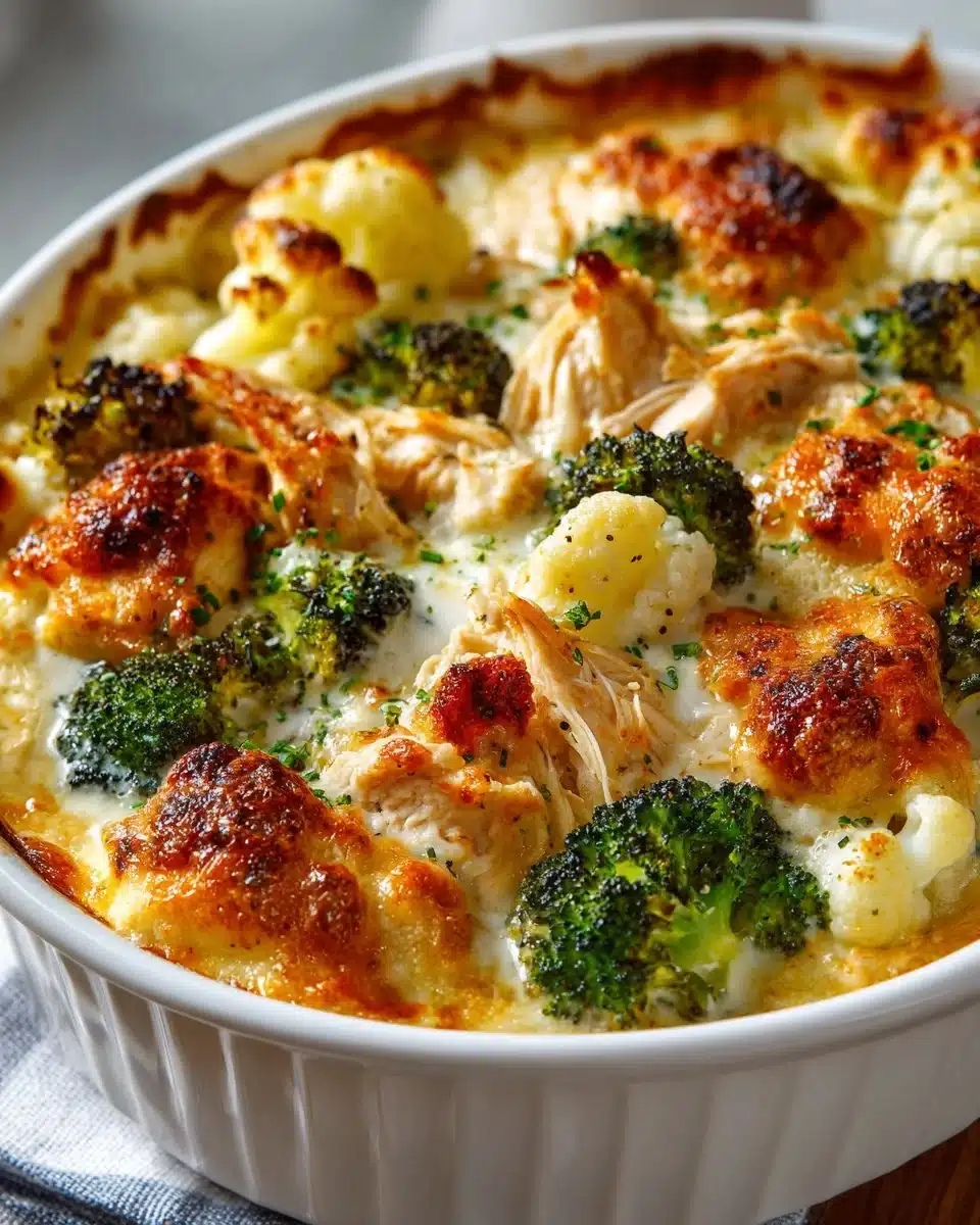 Delicious easy low carb chicken casserole served in a baking dish