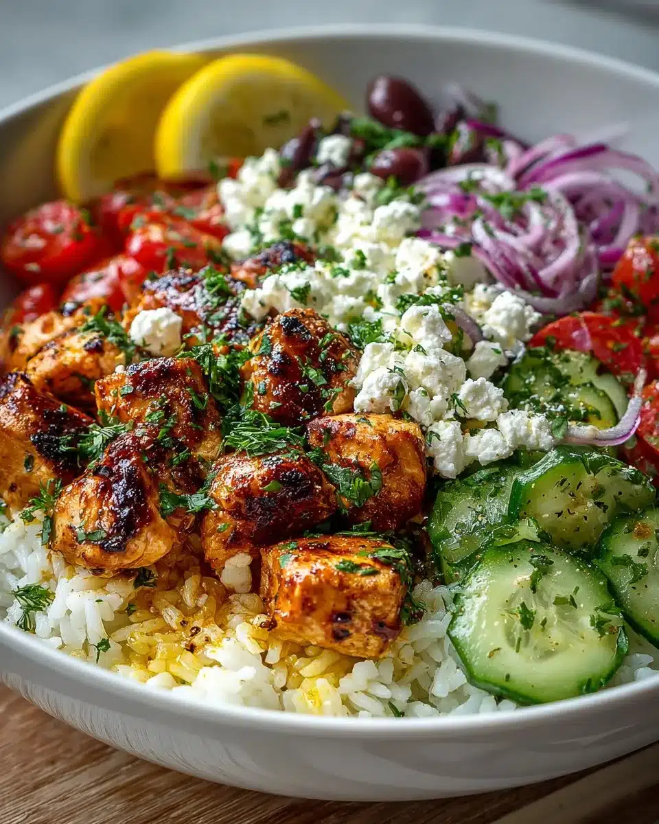 Delicious Mediterranean Chicken Rice Bowl with fresh vegetables and herbs