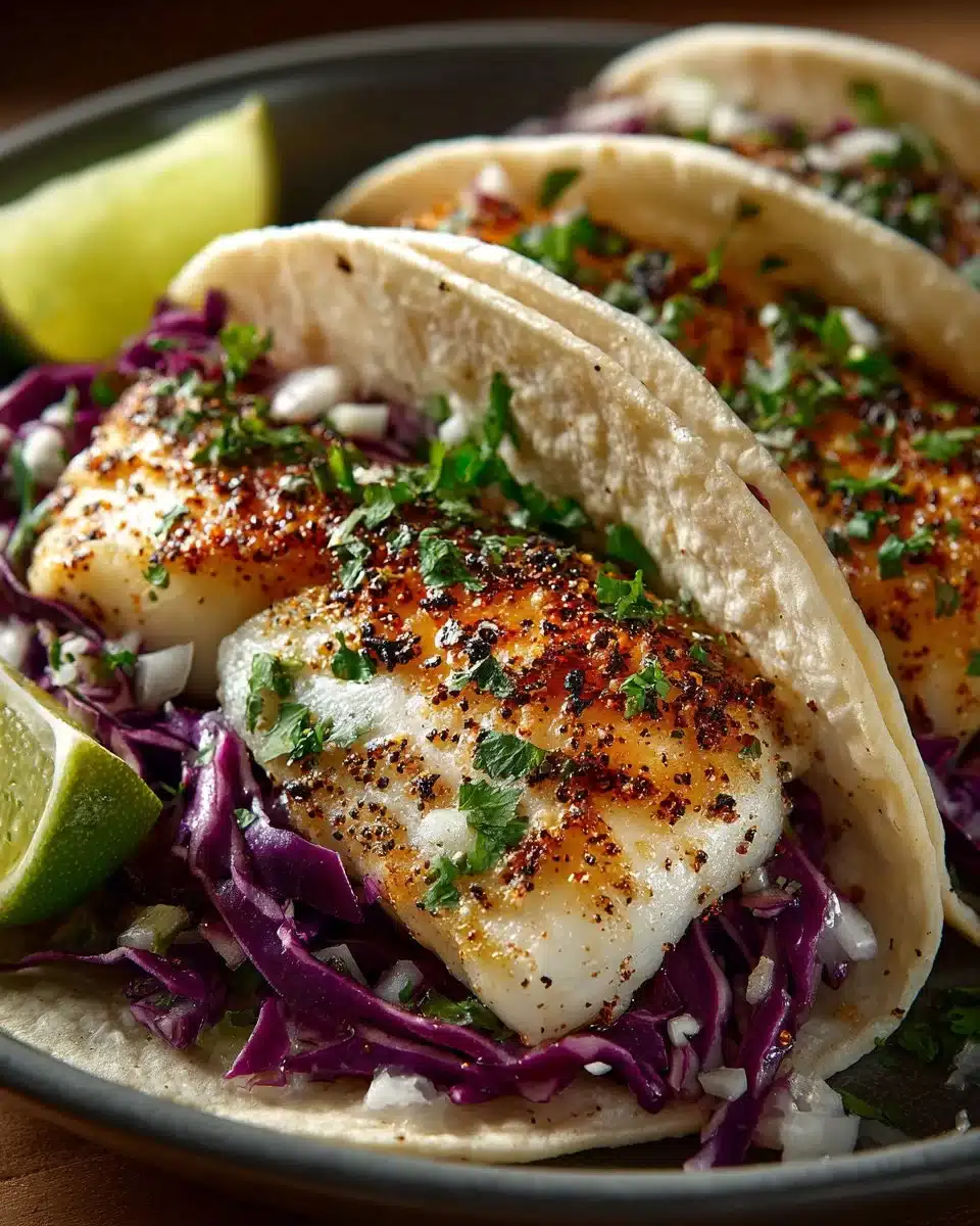 Delicious fish tacos served with cilantro lime slaw on a plate