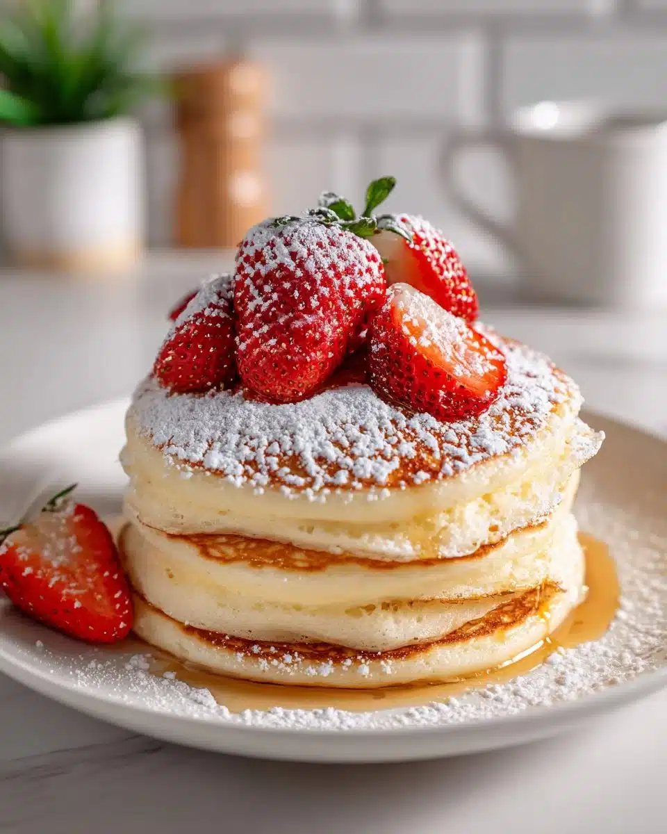 Fluffy Japanese souffle pancakes stacked with syrup and fruit