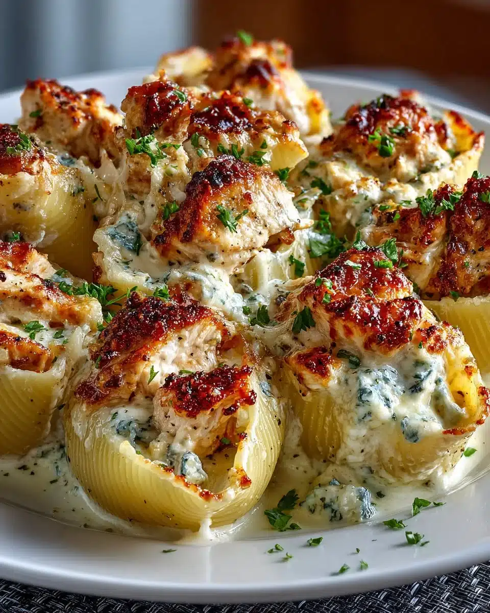 Delicious Garlic Butter Chicken Alfredo Stuffed Shells served in a bowl.