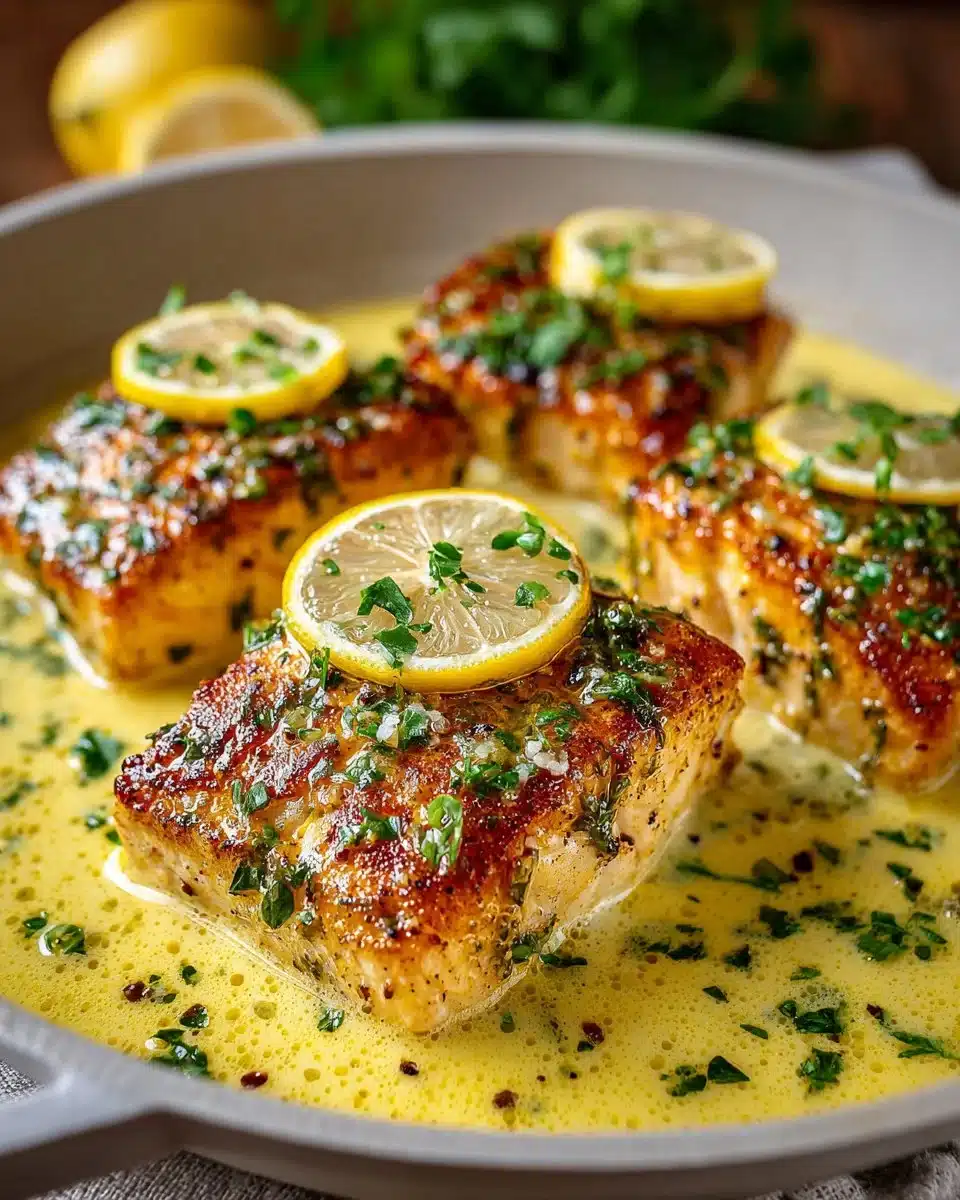 Delicious Garlic Butter Mahi Mahi Skillet served with herbs and lemon.