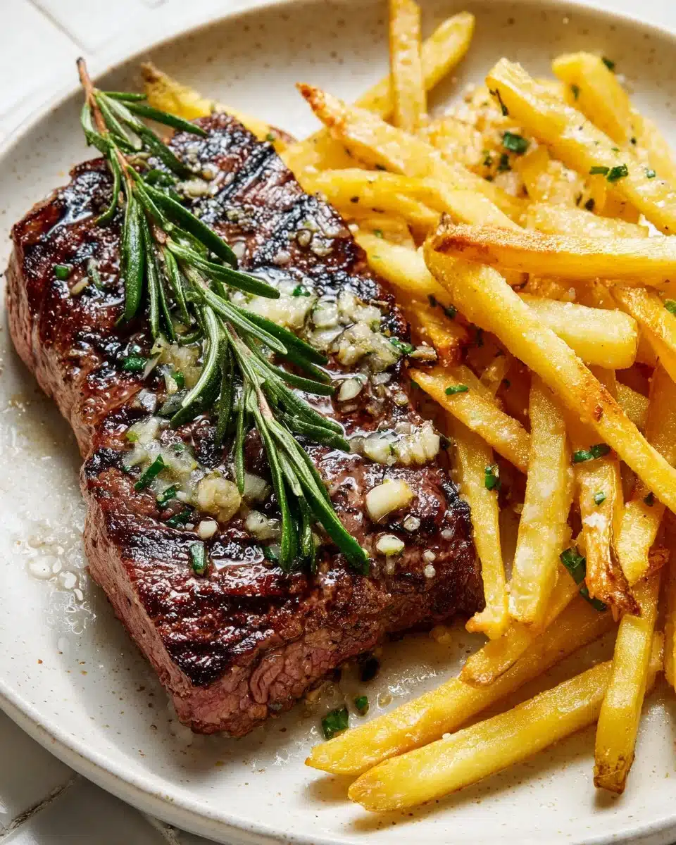 Juicy garlic butter steak served with crispy fries
