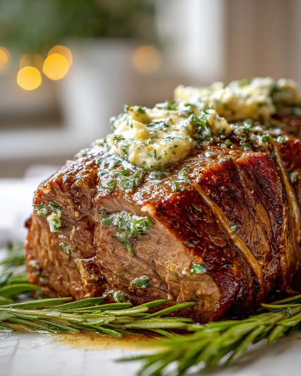 Garlic Herb Butter Roast Beef served on a platter with fresh herbs